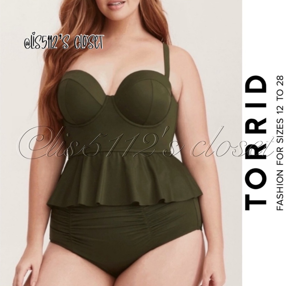 Torrid Olive Green Push-Up Demi Peplum Midkini & Bottoms Swimsuit SET 2X 3X
